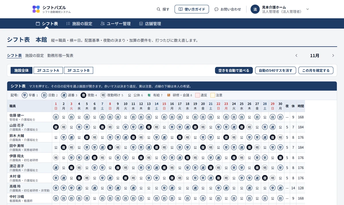 介護施設のシフト表の画面。縦に職員、横に日付が並び、早・日・遅・夜・明・公の記号と、右端に夜勤の回数・休みの日数・勤務時間が出ている